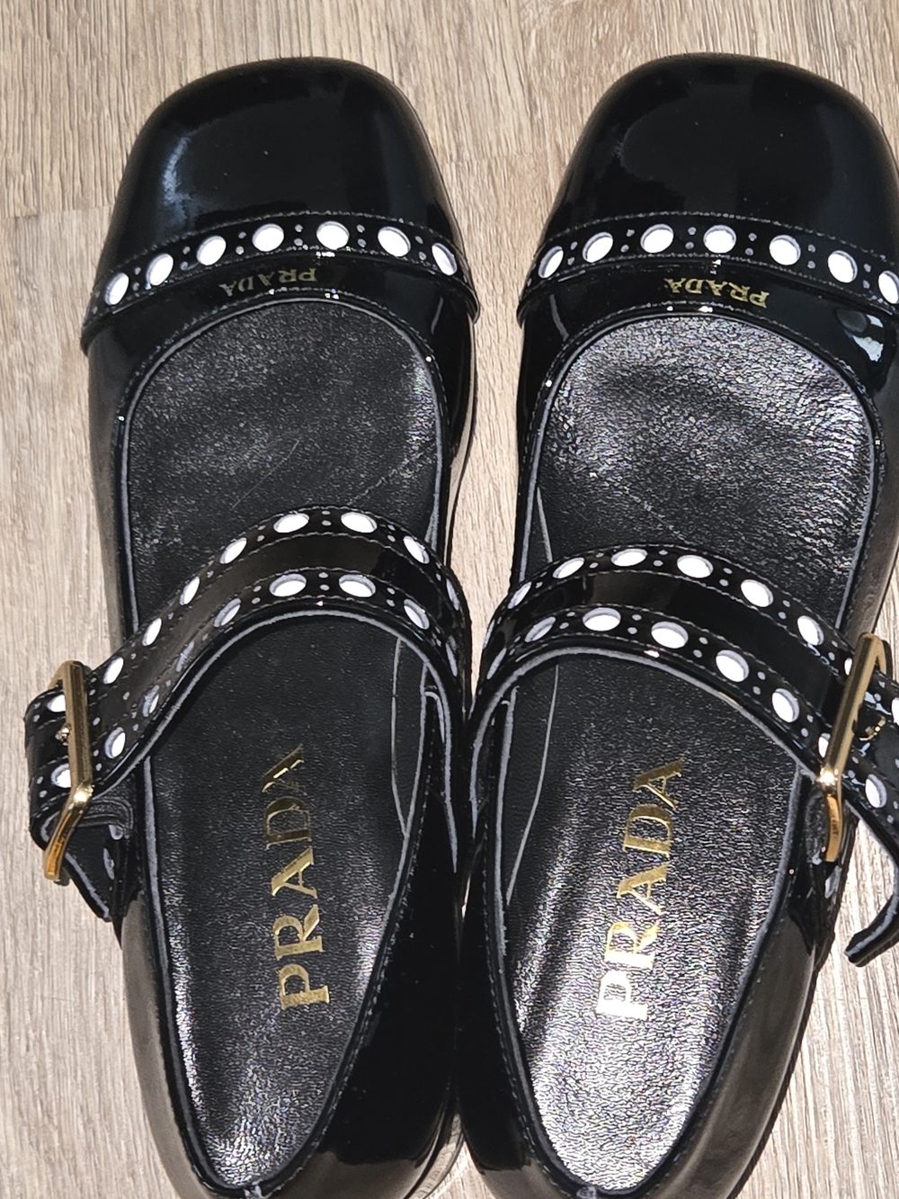 Prada Black Patent Mary Jane Shoes with White Stud Accents - Picture 6 of 6
